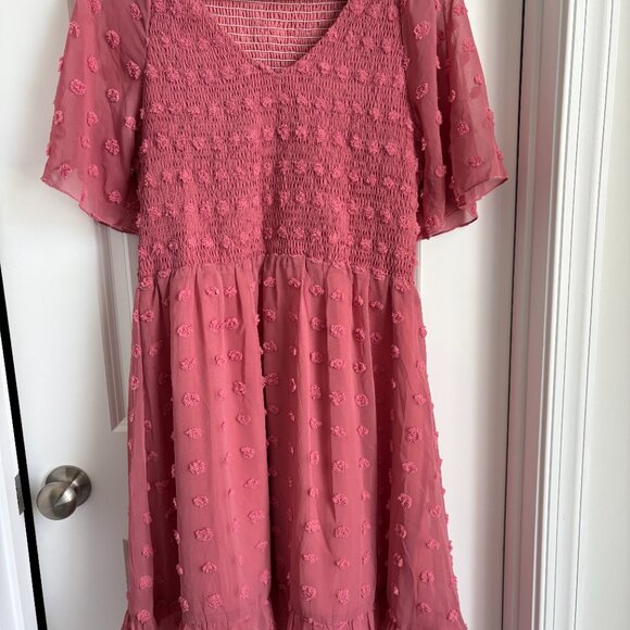 Beach Vacation Dress V Neck Short Sleeve Smocked Swiss Dot Casual Ruffle Mini - Picture 3 of 4